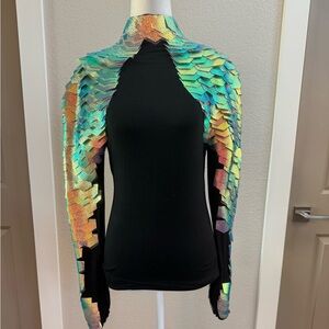 AKIRA Black Top with Iridescent Multicolor Sleeves